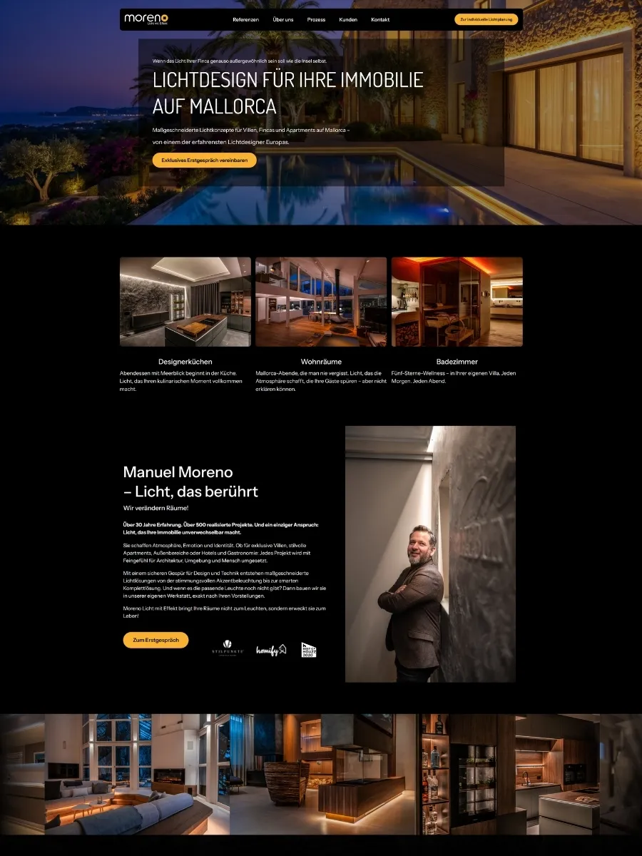 Neue Website von Moreno Licht mit Effekt, von uns erstellt
